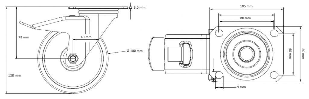 Blue Wheel zwenkwiel met rem 100mm - Afbeelding 2